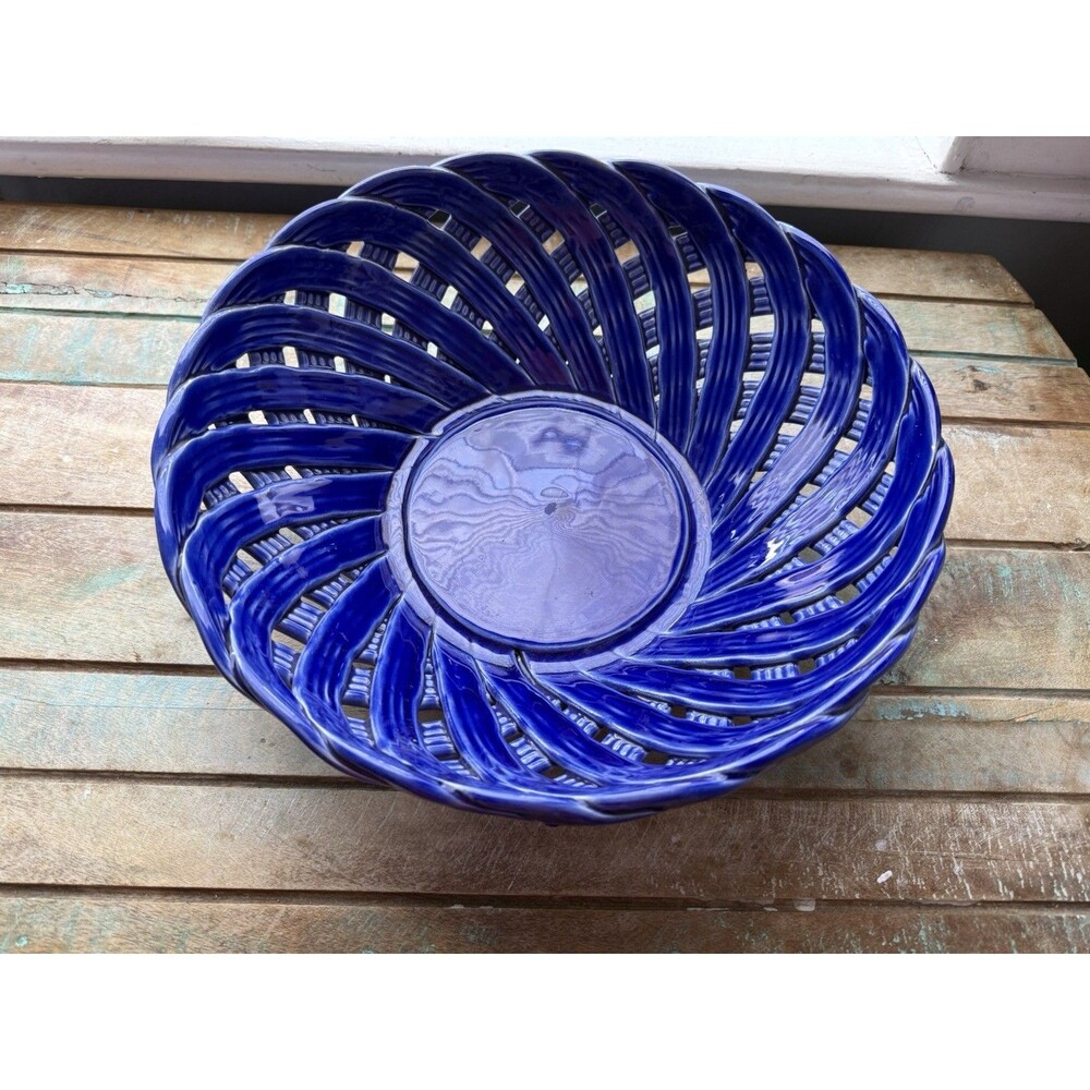 Lillian Vernon Cobalt Blue Ceramic Round Lattice Weave Bowl Made In Italy